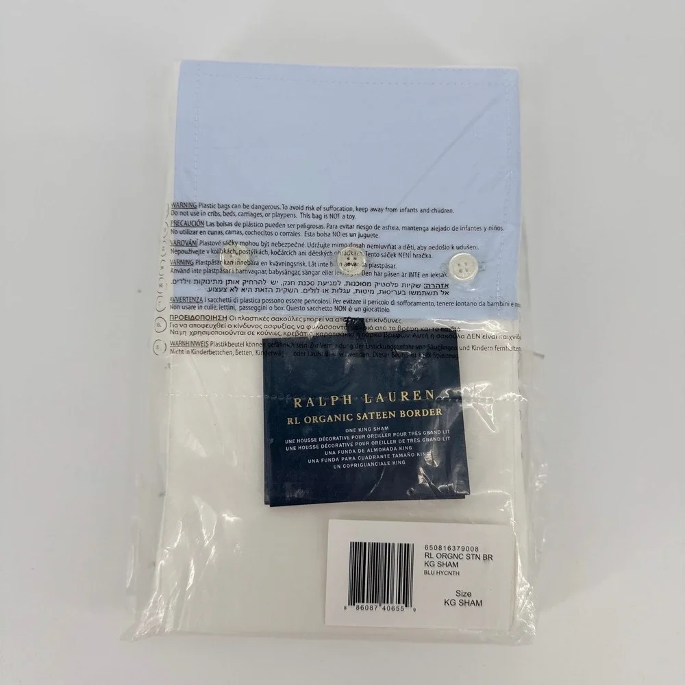 NEW Ralph Lauren Organic Sateen Border King Sham Blue Hyacinth 36x20 624-thread